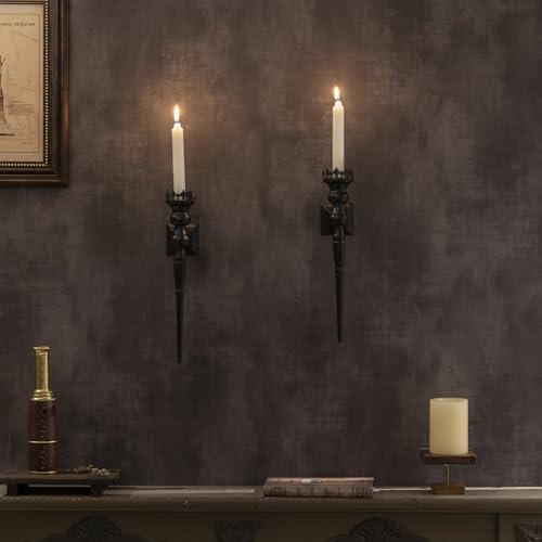 Gothic Wall Sconce Candle Holder for Taper Candles (Set of 2) Black Iron Crown and Scepter Design Victorian Wall Decor for Living Room, Bathroom,Dining Room