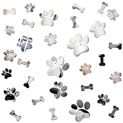 26 Pcs Acrylic Mirror Wall Stickers - Dog Paw Bones Prints, Removable Dog Pup Room Wall Decors for Kids Children Nursery Bedroom Home Decoration