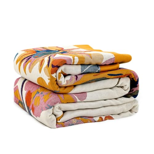 LUTBM Boho Throw Blanket for Couch 100% Cotton Soft Breathable Butterfly and Floral Embroidery Summer Throw Blanket,50"x60" All Season Reversible Throws for Sofa Chair Bohemian Decor for Livingroom