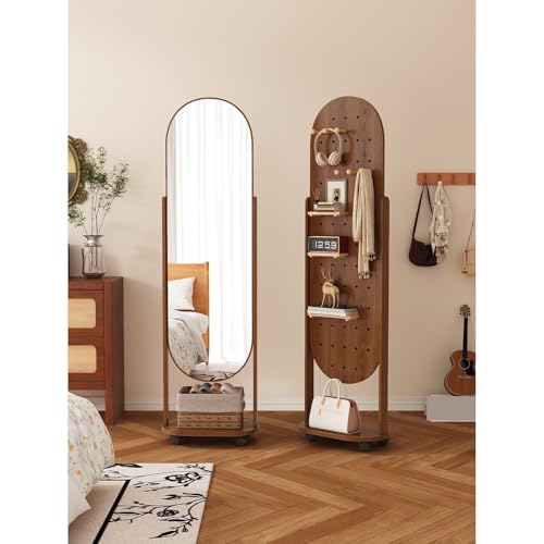 FKEE55UED Floor Movable Pegboard Dressing Mirror Coat Rack Household Rotating Full-Length and Hat Mirror