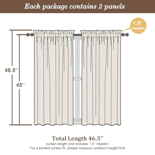 Chyhomenyc Roman Linen Blend Curtains 45 Inch Length 2 Panels, Light Filtering Soft Airy Leaf Floral Printed Rod Pocket Textured Window Treatment Drapes for Living Room Bedroom, 38Wx45L Inch, 2 PCS