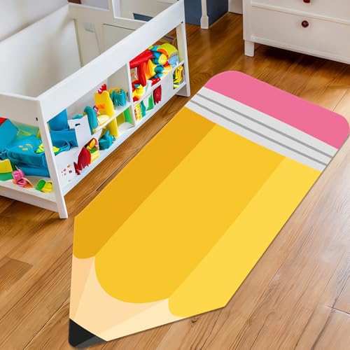 JarThenaAMCS 7 x 3 Ft Pencil Classroom Rug Large Yellow Floor Mat Back to School Non-Slip Soft Fluffy Doormat Carpet for Home Nursery Playroom Decor