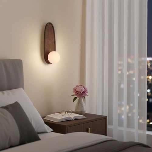 Modern Japanese Solid Wood Wall Sconce, Oval Tray Design, Milk White Glass Globe, Minimalist LED Bedside Lamp, Bedroom Hallway Entryway Reading Nook Foyer Zen Decor Interior Parlor(Brown)