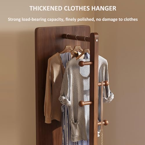 Full Length Mirror with Coat Rack - 360° Rotating Solid Wood Freestanding Floor Mirror with Hooks for Bedroom & Living Room - Space-Saving Stylish Storage Solution