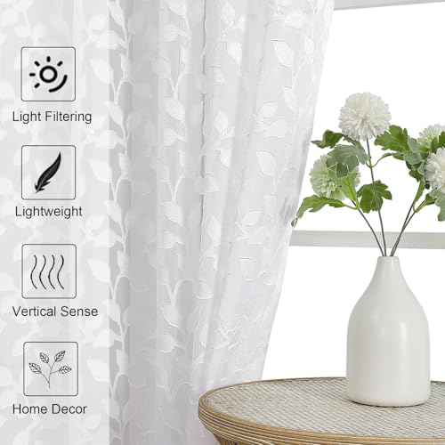 Chyhomenyc White Sheer Curtains 84 Inch Length 2 Panels Set, Light Filtering Tufted Textured Soft Airy Rod Pocket Gentle Leaf Window Treatment Drapes for Bedroom Living Room, 42" Wx84 L, 2PCS
