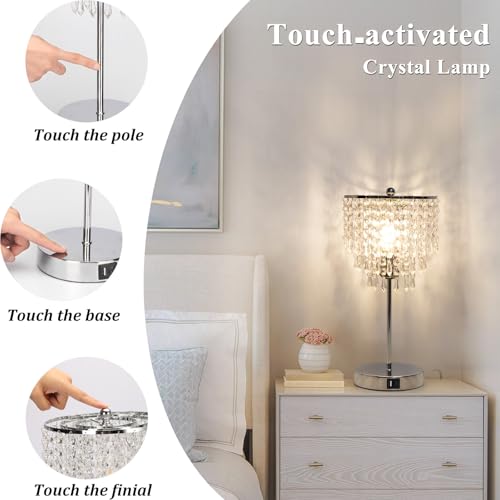 Touch Control Crystal Table Lamp with USB C+A Charging Ports, 3-Way Dimmable Bedside Touch Lamp Decorative Nightstand Lamp with Elegant Lampshade for Living Room Bedroom, B11 LED Bulb Included