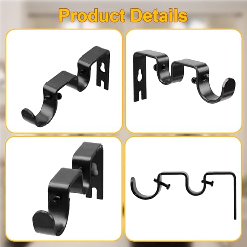 Double Curtain Rod Bracket,2 Pack Metal Curtain Rod Hooks for Wall,Sturdy Curtain Rod Brackets with Screws,Black Wall Mounted Curtain Rod Holders for Bedroom Living Room Office