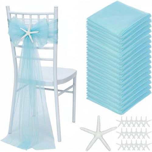 Breling 20 Pcs Coastal Wedding Chair Sashes Light Blue Starfish Beach Chair Covers Bulk 9ft Long Ocean Aisle Decorations for Outdoor Summer Seaside Wedding Party Banquet Reception