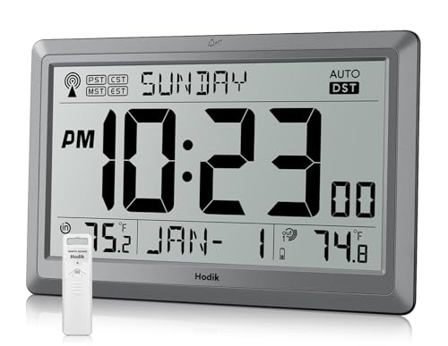 HODIK Wall Clock Atomic with Indoor Outdoor Temperature Battery Powered, Easy Reading with 10.5 Inch LCD Display, 330FT Range Table Wall Clock with DST, 12/24 Hour for Living Room Kitchen (Silver)