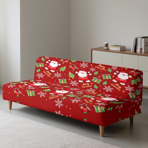 Christmas Armless Sofa Cover Santa Claus Futon Cover Futon Covers with Elastic Bottom Sofa Slipcovers Washable Couch Covers Furniture Protector