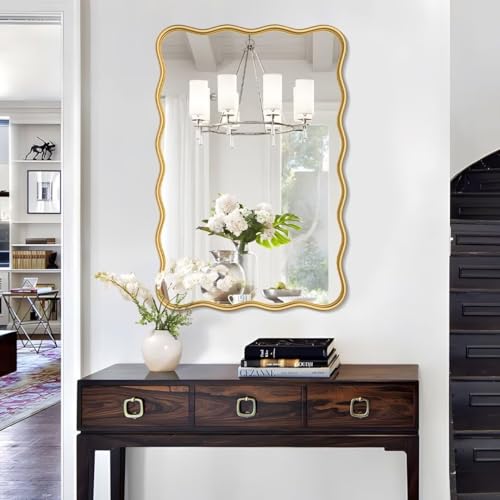 PROHOMEWARE 24 * 36" Gold Bathroom Mirror for Wall,Wavy Rectangular Mirror,Vanity Mirror,Bathroom Mirrors for Wall,Wall-Mounted Metal Frame Mirror for Bedroom Entryway Living Room Farmhouse (Gold)