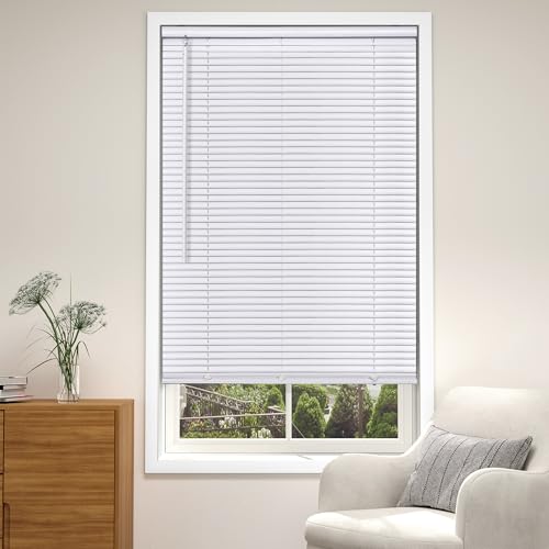 LazBlinds Cordless White 1" Room Darkening Vinyl Mini Blinds, 34" W x 36" H Horizontal Window Blinds for Home, Cordless Shades for Indoor Windows