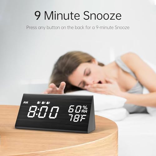 JALL Wooden Digital Alarm Clock for Bedrooms and Office, 3 Alarms with Large Numbers, Humidity and Temperature Display, 6-Level Dimmer, Snooze, Loud Desk Clock for Heavy Sleepers, Plug in (Black)