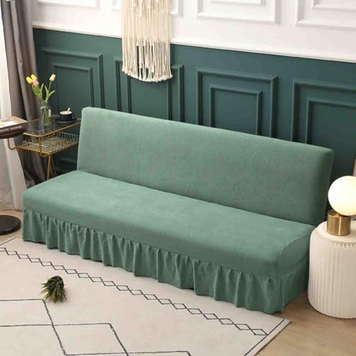 Stretch Armless Futon Cover, Sofa Slipcover Foldable Sofa Bed Cover Furniture Protector with Elastic Bottom, Washable, Polyester Spandex Jacquard Fabric Small Checks (Light Green, Small(47"-59"))
