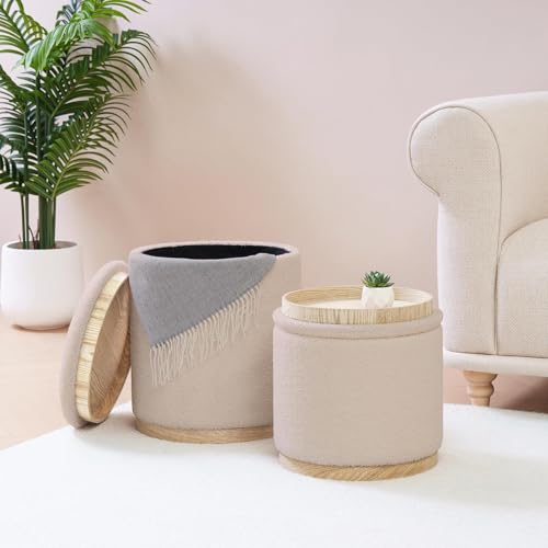 Round Storage Ottoman Set of 2, Beige Boucle Stools with Tray
