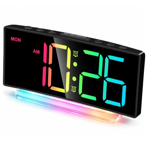 Cadmos Digital Alarm Clock - Extra Loud for Heavy Sleepers Adults Teens Kids, Rainbow Bedside Clock for Bedrooms, Large Display, 7 Color Night Light, Weekday & Weekend, 12/24h (Black+Dynamic)