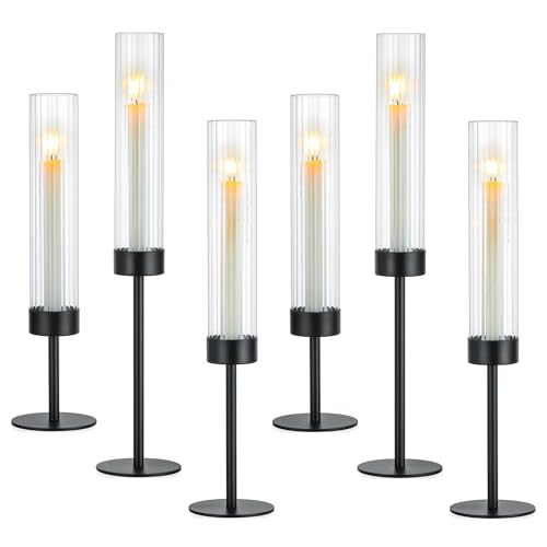 Hewory Black Taper Candle Holders: Candlestick Holders Set of 6 Hurricane Glass Tall Candle Holder for Candlesticks Candle Sticks Holder Decor for Table Centerpiece Wedding Party Christmas Decorations