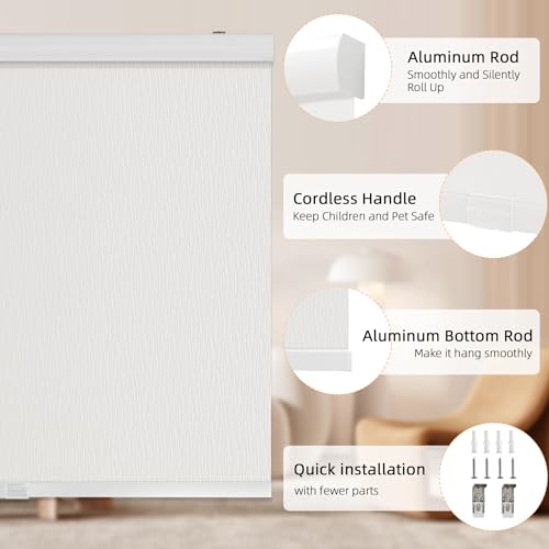 ChrisDowa Cordless Blackout Roller Shades for Windows, Striped Free-Stop Window Blinds with Privacy, Thermal Insulated Window Shades for Home, Office and Door. White, 20" W x 72" H