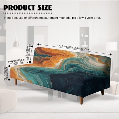 Marble Print Orange Cyan Armless Futon Cover Futon Mattress Covers Soft Elastic Dustproof Couch Slipcover Washable Sofa Bed Protector with Elastic Bottom
