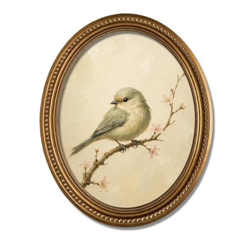 Vintage Birds Oval Wall Art, Cottagecore Floral Oil Painting Style Wood Artwork, Cute Wildlife Wood Ornament for Desk Living Room Bedroom, 11.2 x 9 Inch