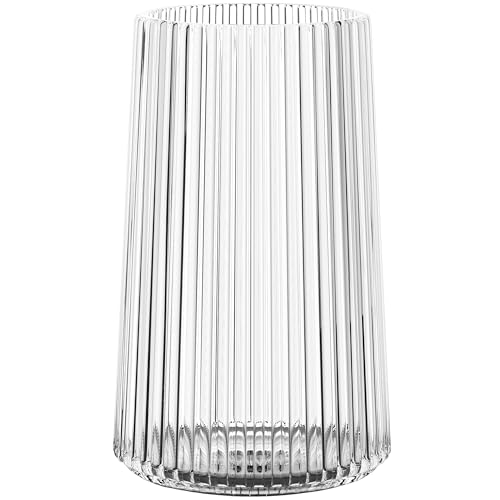 Clear Glass Vase for Flower, Flower Vase for Bouquet, Modern Glass Vases, Ribbed Vases for Living Room, Bedroom, Dining Table, Office, Wedding, Centerpieces, 8 Inches