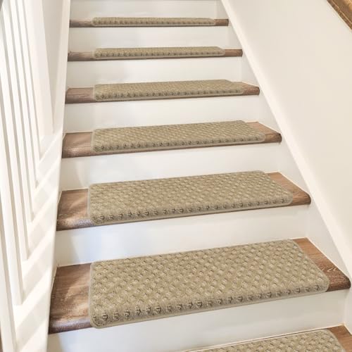 PURE ERA Bullnose Carpet Stair Treads Set Tape Free Non-Slip Indoor Stair Protectors Pet Friendly Rugs 9.5" x 30"(14 Pieces,Khaki Mini-Diamond Trellis)