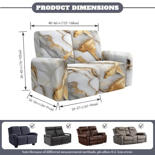 Reclining Loveseat Slipcover, White Gold Marble Crack Abstract Print 6-Piece Stretch Lazy Boy Sofa Covers, 2 Seat Loveseat Recliner Cover Thick Soft Washable