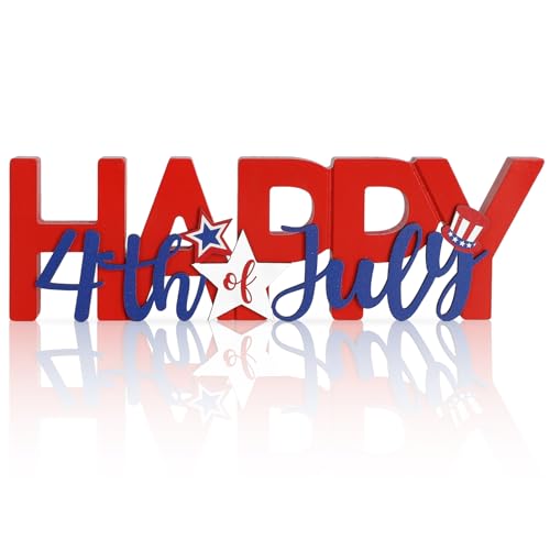 Wooden Happy 4th of July Sign, Fourth of July Decorations for Home, Office, Shelf, Mantel, Indoor, Wood Patriotic Decor, Red Blue and White Table Top Centerpiece Party Decoration (Patriotic)