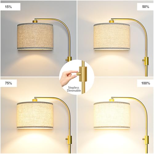 Nintiue Upgraded Modern Arc Dimmable Tall Standing Floor Lamp with Linen Shade, 1200 Lumens LED Bulb Included, for Living & Reading Room, Bedroom, Office & Nursery, Gold