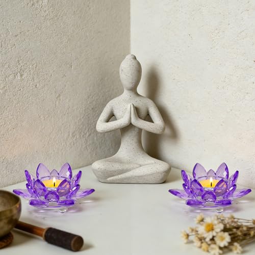 2 Pcs Purple Crystal Lotus Flower Tealight Candle Holder | Glass Votive Candlestick Decor for Home, Wedding, Party & Christmas Table Centerpieces