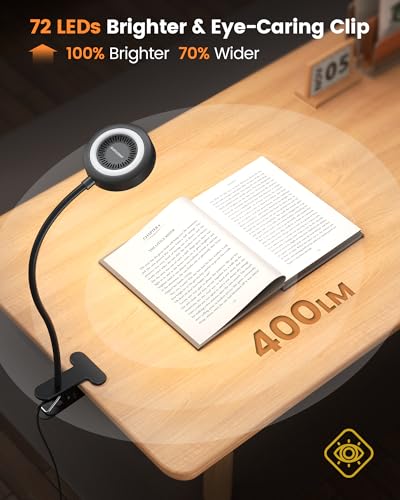 Glocusent 72 LED Clip on Lamp with Remote, Reading Light with Amber Ring, 3 Colors & 5 Dimmable Bed Lamp, 30/60-Min Auto Off Timer, Clamp Light for Headboard/Dorm/Bunk (Black)