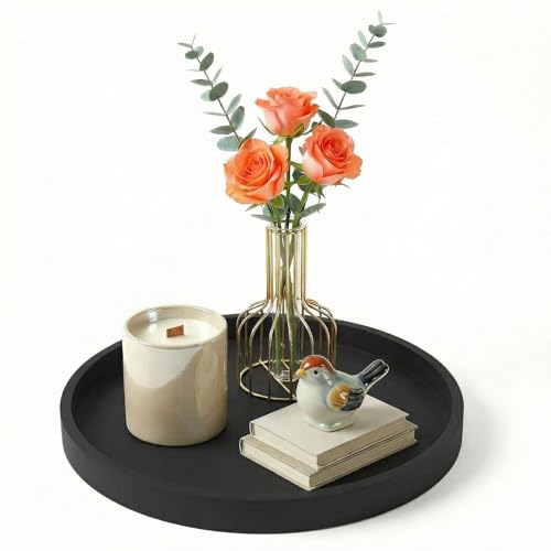Round Black Silicone Decorative Bathroom Vanity Tray 9 Inch, Counter Tray for Bathroom Countertop Perfume Holder Dresser Organizer Coffee Table Candle, Non-Slip Durable for Home Use