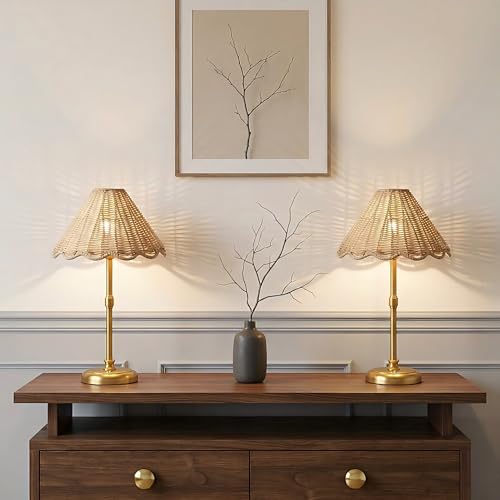 Cordless Boho Rattan Table lamp, 5200-mAh Rechargeable Battery, 3-level Brightness Dimmable, Build-in Integrated LED 320 Lumen Max, Rattan Shade, for Bedside Restaurant Resort Hotel Dining Table