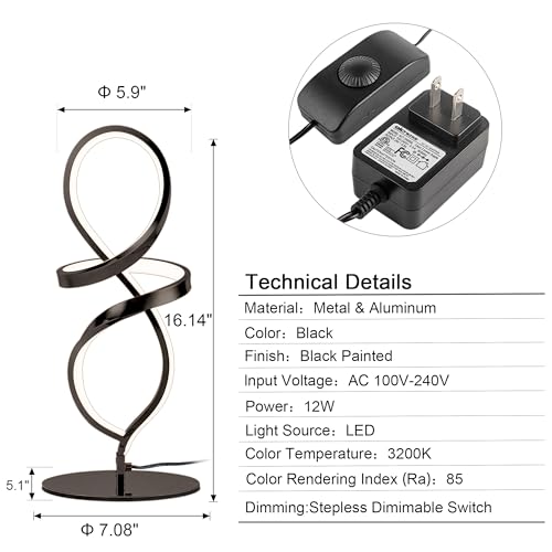 Mayful Modern Table Lamp with LED Unique Spiral Design, Small Nightstand Lamp with Stepless Dimming Switch, Black Bedside Lamps for Bedroom, Nightstand, Living Room, Office, Desk, 12W 3200K Warm White