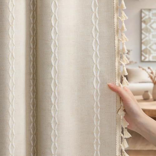 Boho Blackout Curtains 63 Inches Long Beige Linen Blend 2 Panels with Tassels and Cotton Embroidery, Farmhouse Vintage Rustic Rod Pocket Drapes for Living Room or Bedroom