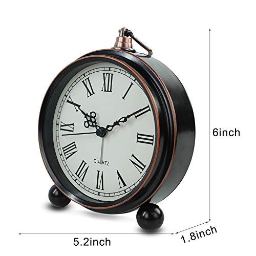 Retro Metal Table Clock Battery Operated Non-Ticking Silent Quartz Table Desk Small Alarm Clock Desk Clock for Kids Bedroom Living Room (Roman-550-15)