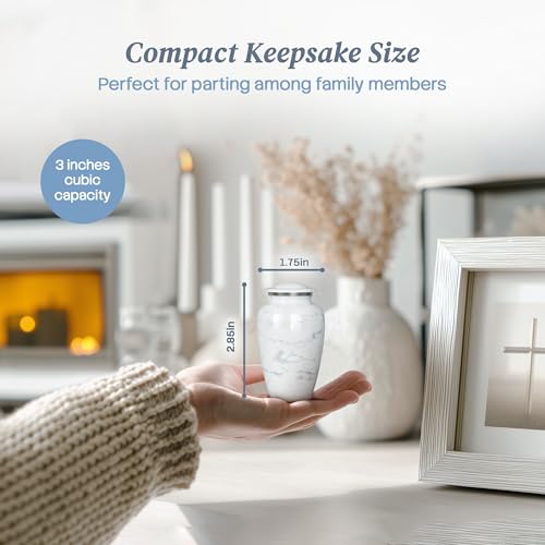 Small Handcrafted Urn for Ashes Keepsake - Mini Cremation Urns for Human Ashes Adult Man and Woman - Decorative Funeral Urns - Memorial Urn with White Marble Finish (2.85" H x 1.75" W)