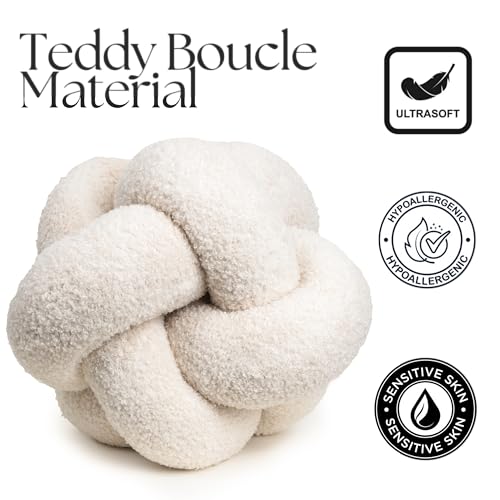 SAMIAH LUXE Vanilla Cream Teddy Boucle Knot Pillow Ball 12", Permanently Stitched Knotted Decorative Throw Pillow, Natural Kapok Fill, Round Accent Pillow for Couch Sofa Bed, Boho Home Decor