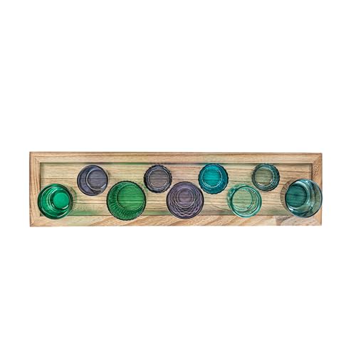 Creative Co-Op 9-Piece Blue and Green Glass Votive Holders on Wood Tray, Multicolor