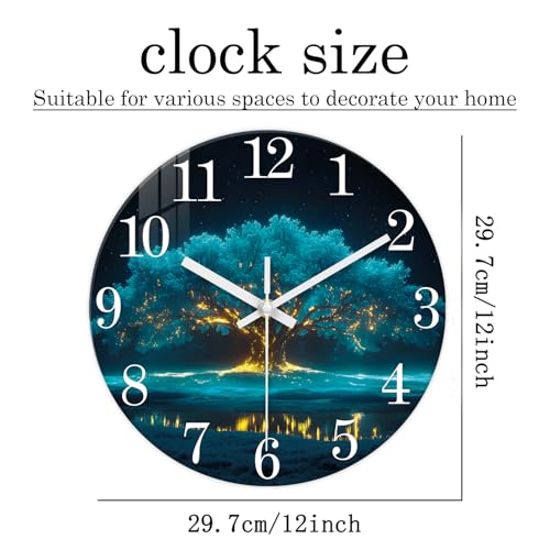 XNM Modern Decorative Glass Wall Clocks Battery Operated 12 Inch Teal Tree of Life Wall Clocks for Living Room Kitchen Bedroom Office Decor Natural Landscape Analog Wall Clock Silent