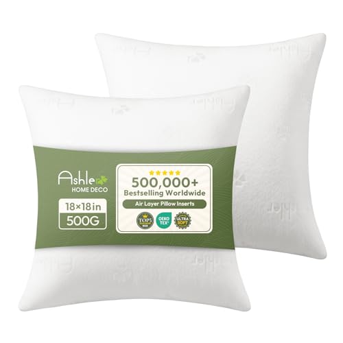 Ashler Throw Pillows Insert- 18x18 Pillow Inserts with Air Layer, Premium Bed and Couch Pillows - Indoor Decorative Throw Pillow, Square Cushion Sham Stuffer, Pack of 2, White