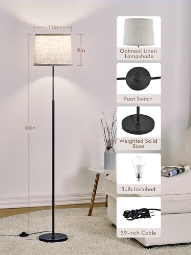 60" Modern Floor Lamp for Living Room Bedroom, Standing Lamp with Oatmeal Linen Lampshade, Tall Lamp with A19 9W 3 Color Temperature Bulb, Foot Switch Control, Black
