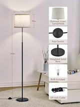 60" Modern Floor Lamp for Living Room Bedroom, Standing Lamp with Oatmeal Linen Lampshade, Tall Lamp with A19 9W 3 Color Temperature Bulb, Foot Switch Control, Black