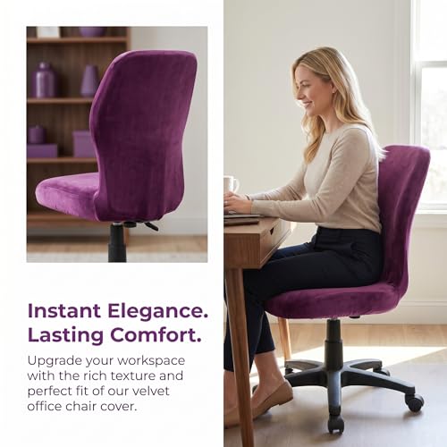 Deisy Dee Velvet Stretch Armless Office Chair Covers - Colorful Stretch Slipcover for Desk Chairs (Purple)