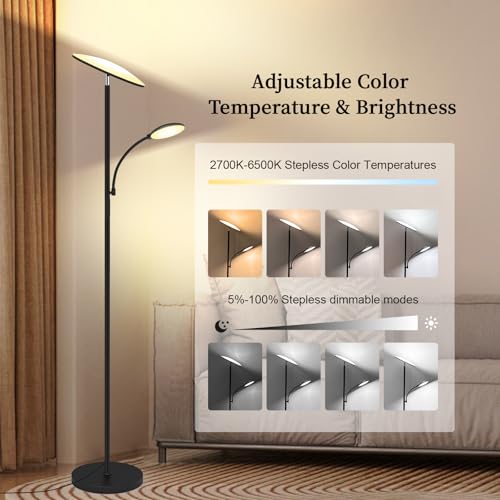 Floor Lamp, Upgraded 42W 4500LM Super Bright LED Floor Lamp with Rotatable Reading Light, Touch Remote Control & Memory Function, Stepless Dimmable Standing Lamp for Living Room Bedroom Office, Black