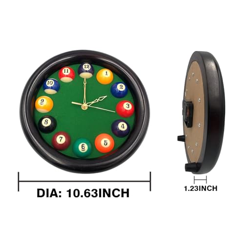 Yuanhe Billiards Pool Ball Clock - 11Inch Round Table Cool Wall Clock with Wood Frame, Great for Billiards, Pool, Game Room, Bar
