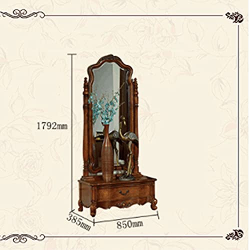 Solid Wood Dressing Mirror Home Floor Mirror Classical Dressing Mirror European Style Retro Bedroom Storage with Pumping Full-Length Mirror