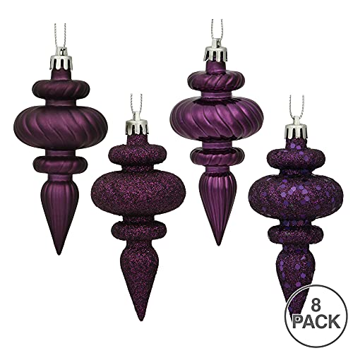 Vickerman 4" 4-Finish Finial Ornament, Shatterproof Plastic Christmas Tree Decoration, 8 Pack, Plum Shiny, Matte, Glitter and Sequin Finishes
