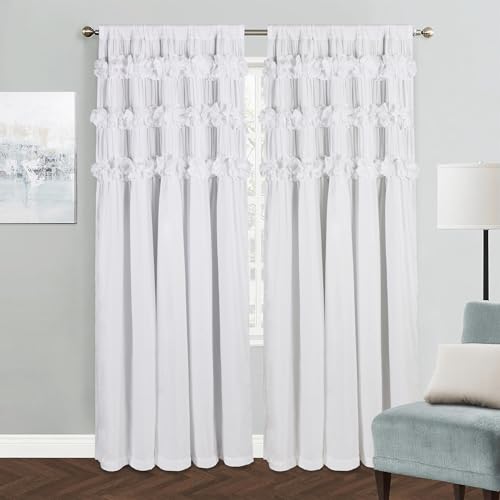 Homechoice Decor White Blackout Drapes - Handmade Ruffles & Butterfly Flower Accents Heat Blocking Window Curtain 54" x 84" x 2 Panels - Thermal Insulated, Soundproof & Light Reducing Curtains (LQ-37)