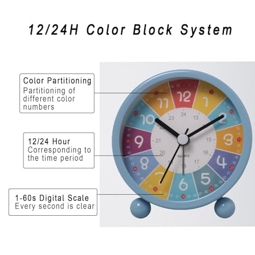 Cute Alarm Clock with Silent Clock Movement Color Coded Time Zones Digital Dial Metal Casing Hands for Teens Bedroom Bedside Kids 12/24 Hour Clock Battery Operated Pink